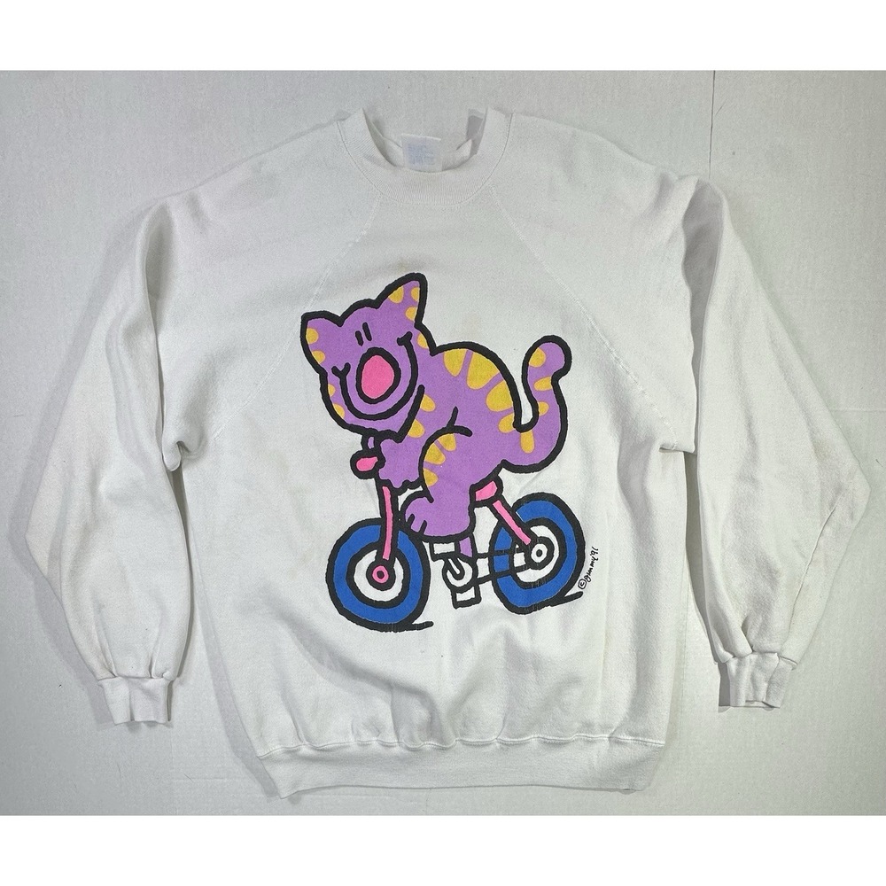 Vintage 90s‎ Gummy Cat on Bike Sweatshirt Tultex XL White Graphic 90s Art
